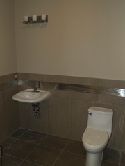 toilet, sink and light fixture installed in washroom